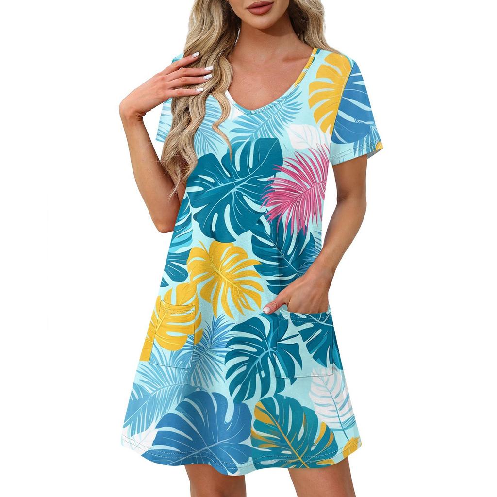 Women's Fashion Casual Printed With Pockets Bohemian Beach V-Neck Short Sleeve Dresses