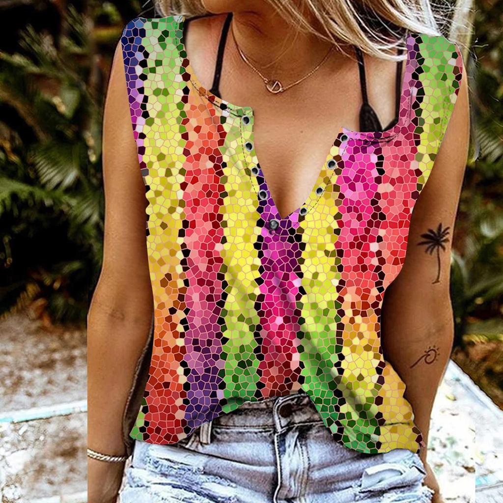 Женские майки, сексуальные летние топы без рукавов с v-образным вырезом, жилет с 3D разноцветным узором и принтом, крутые легкие топы