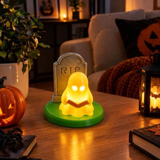LED Tombstone Decor for Party Halloween Ghost Reading Table Lamp, 3D Printed Light Up And Decorative with Book Figurine, Spooky Night Home Desk Indoor