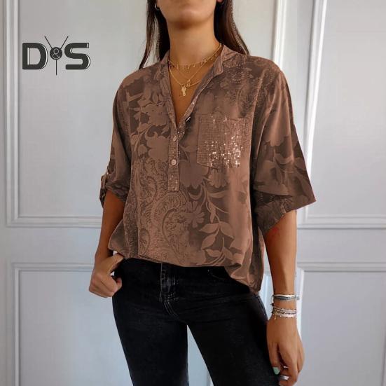 Женская летняя рубашка с v-образным вырезом и лацканами, пуловер с половиной рукавов, топы с принтом, пуговицы, половина планки, пайетки, накладной карман, свободная рубашка