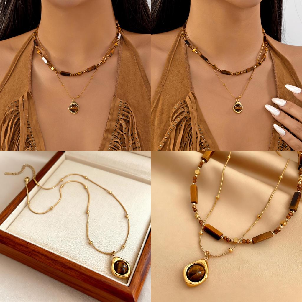 Tiger Eye Beaded Necklace With Steel Pendant Geometric Design For Fashion Casual Wear