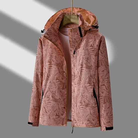 Women Jacket Outdoor Windbreaker Leaf Print Single-layer Waterproof Breathable Long Sleeve Hooded Zipper Pockets Zip Up Lady Fall Spring Coat