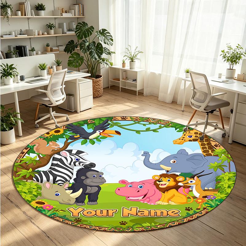 Wild Animals (315) Theme Round Crystal Velvet Rug Custom Name Text Personalized Floor Mat Home Decor Non Slip Crystal Carpet