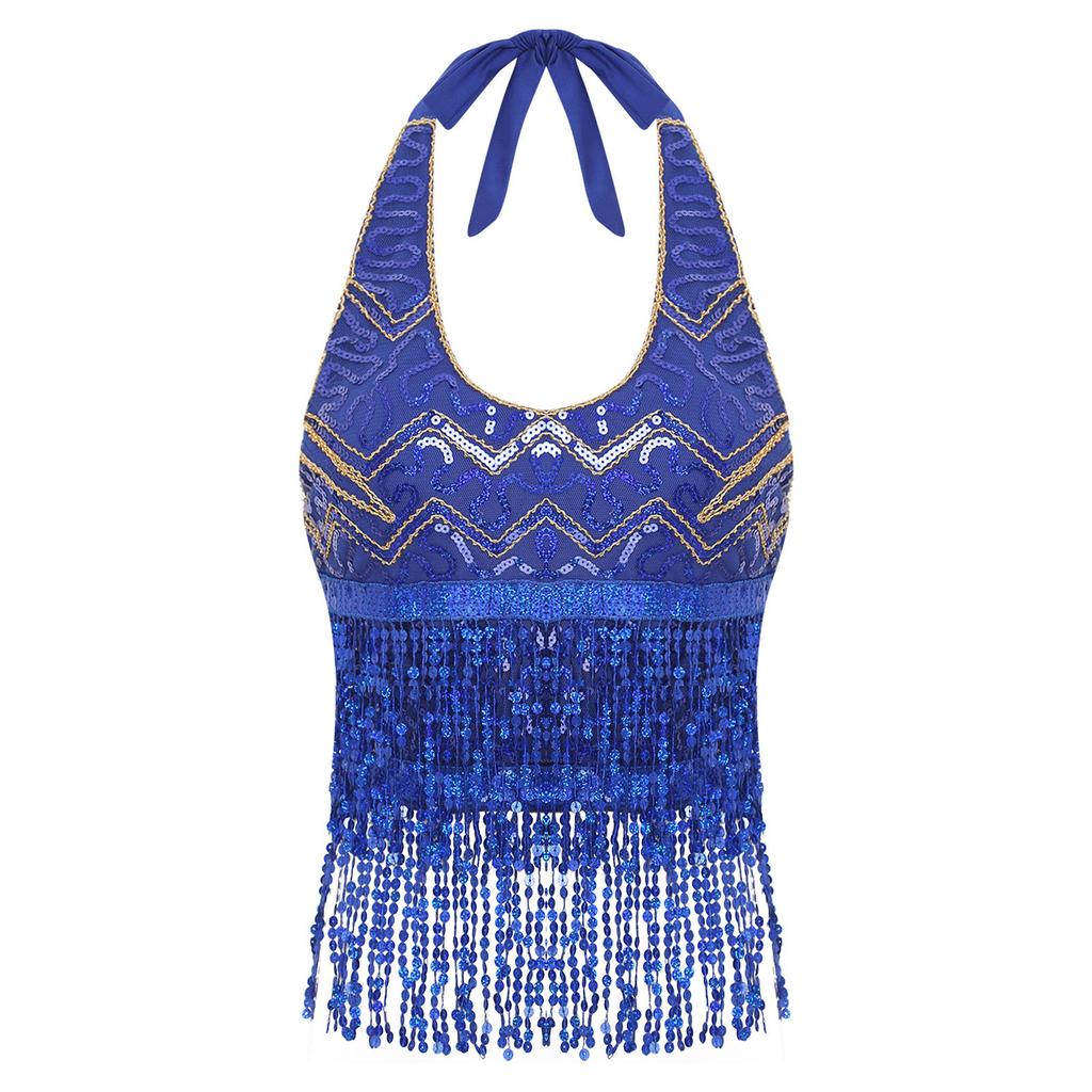 Womens Sleeveless Halter Top Sequins Tassel Fringe Crop Bra Dance Wear