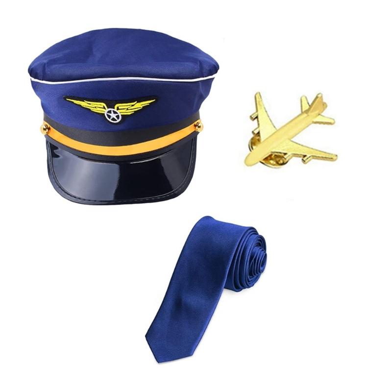 Airline Captain Costume Adult Pilot Cosplay Accessory Uniform Epaulette Hat Neck Tie Flight Attendant Role Play Outfit