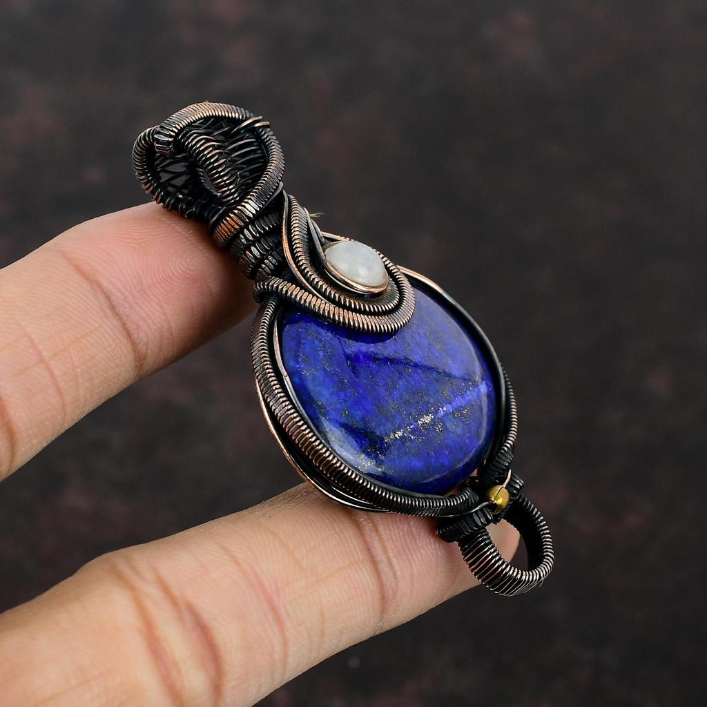 Кулон из лазурита и меди, Кулон из радужного лунного камня, Кулон, обмотанный медной проволокой, Кулон из драгоценного камня ручной работы, Медные украшения, Подарок для мамы