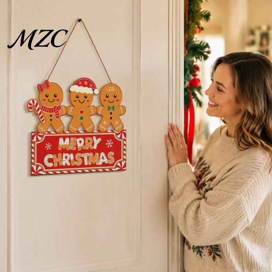 Xmas Home Entrance Sign Christmas Gingerbread Man Wooden Hanging for Front Door, Merry Photo Background Prop Plaque with Lanyard, Holiday Wall