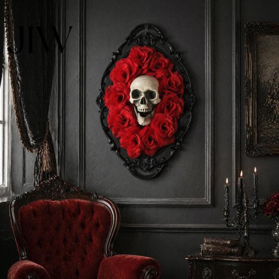 Decorative Gothic Skull Frame Halloween Wall Decoration, Vintage Red Rose Sculpture, Art Ornament Horror Spider Web for Holiday Party Artistic