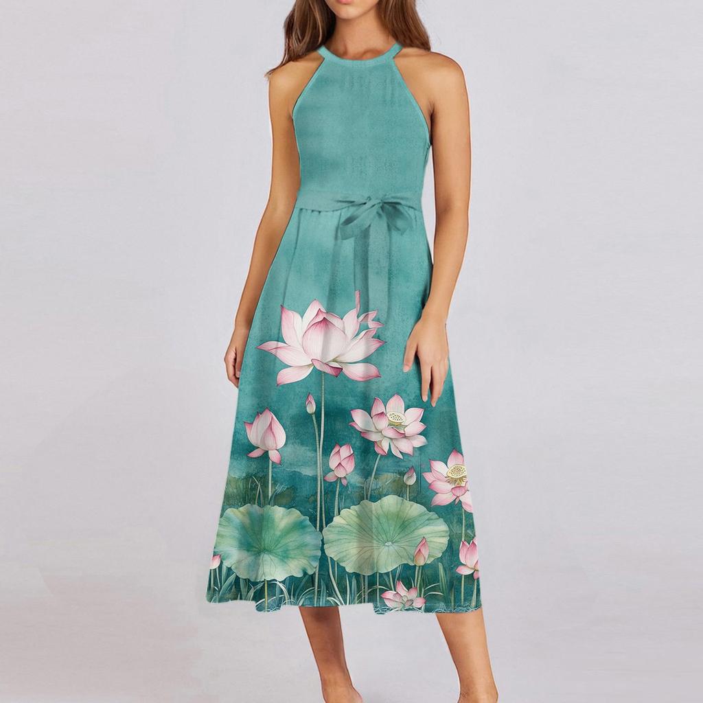 Женское повседневное платье миди с круглым вырезом, классическое, повседневное, без рукавов, свободное платье в стиле бохо с завязками, летний пляжный сарафан