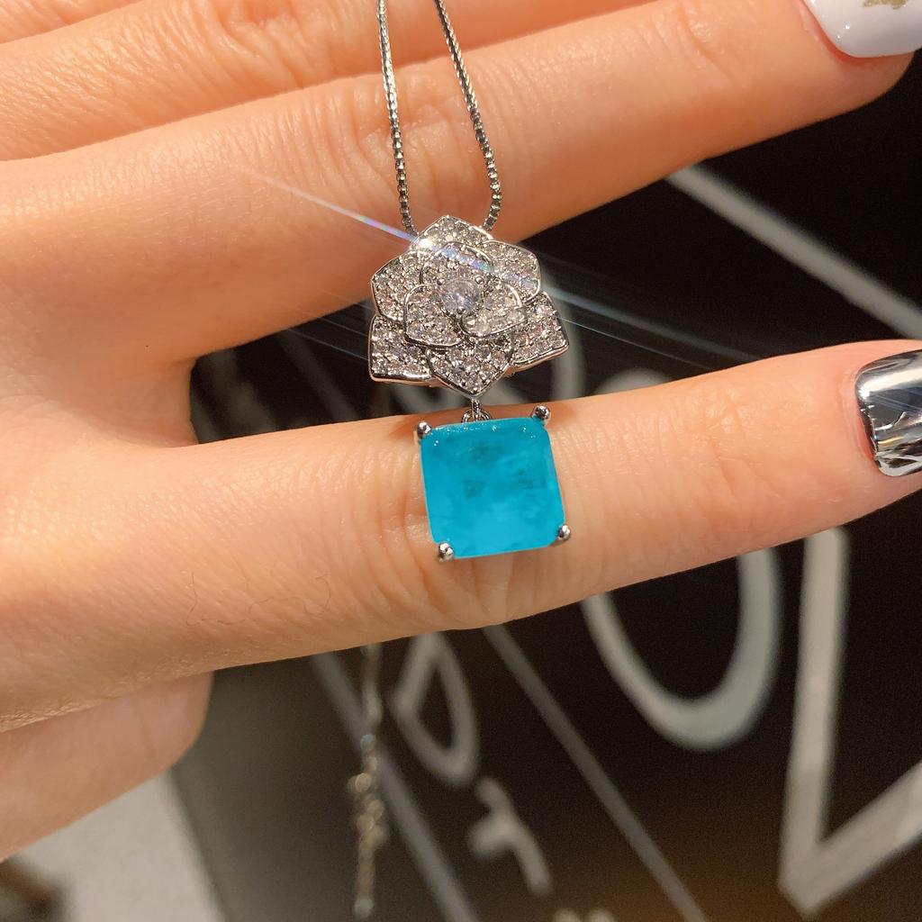 Имитация Paraiba Кольцо Ожерелье Серьги-гвоздики Набор украшений Цветок Форма Креативный Полностью бриллиантовый Роскошный набор 10 * 10