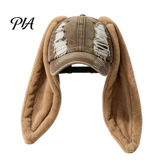 PlushLong Ear Baseball Cap with Plush Rabbit Ears, Washed Distressed Peaked Hat for Party Winter, Long Bunny Dance Show Festivals Casual Windproof