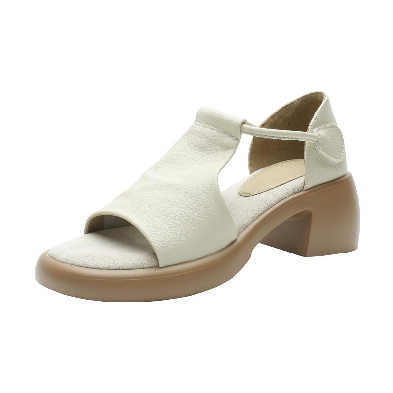 Soft Leather Edition~ French Retro Platform Heel Soft Leather Sandals Women's Summer Simple Velcro Commuter Open-toed Roman Shoes