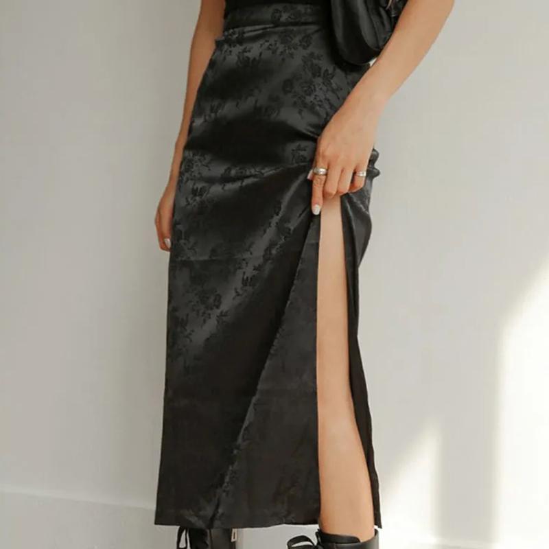 Женские черные длинные юбки, винтажная атласная юбка с цветочным принтом, женские юбки с высокой талией и разрезом по бокам, летние повседневные наряды