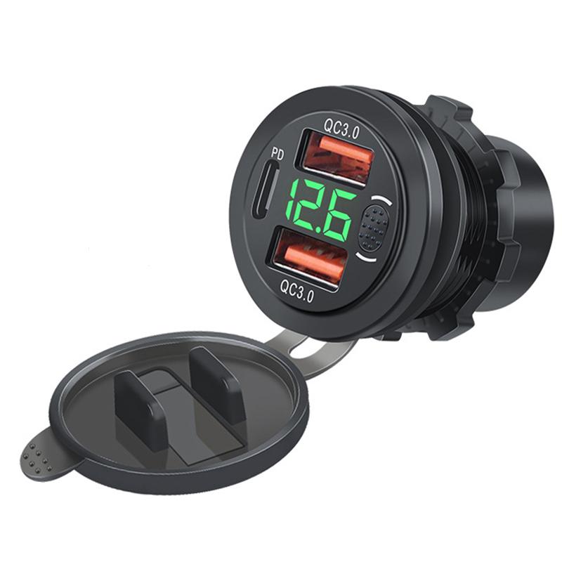 Автомобильное бортовое зарядное устройство с двумя портами USB для быстрой зарядки 3.0 и разъемом PD с цифровым вольтметром, кнопочным переключателем для автомобиля, лодки, грузовика, автофургона