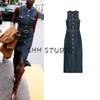 Autumn New Women Clothes French Style Sleeveless Round Neck Single Row Multi-Button With Belt Demin Dress 7484070