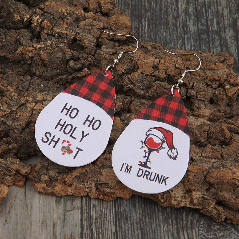 Double-Sided Leather Earrings with Red Plaid Christmas Wine Glass Design