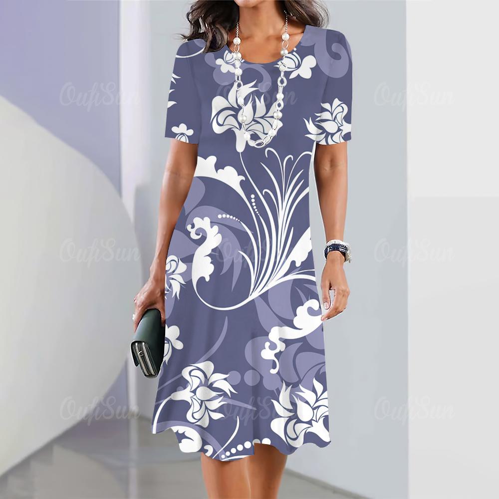 Летние женские платья с 3D-принтом в виде цветов с коротким рукавом, элегантная свободная юбка А-силуэта, модное женское платье большого размера