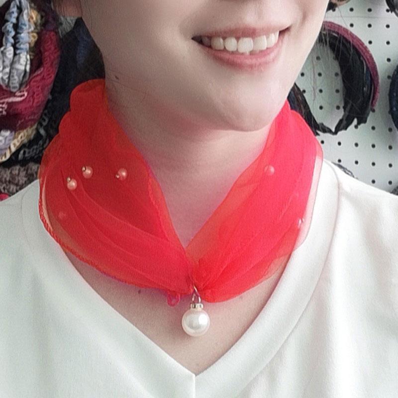 Женский шифоновый воротник с тонким воротником на шею, сетчатый шарф с искусственным жемчугом, маленький шелковый шарф с защитой от УФ-лучей