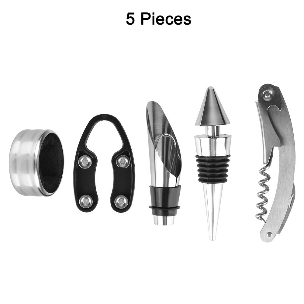 Набор аксессуаров для вина из 5 предметов в футляре в форме бутылки из нержавеющей стали с каплеуловителем, фольговым ножом, аэратором для вина и пробкой-стоппером