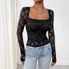 Women's Lace Floral Square Neck Ruffled Design Long-sleeved T-shirt Tops Women Versatile Closet Essential Fashion Items Shirt