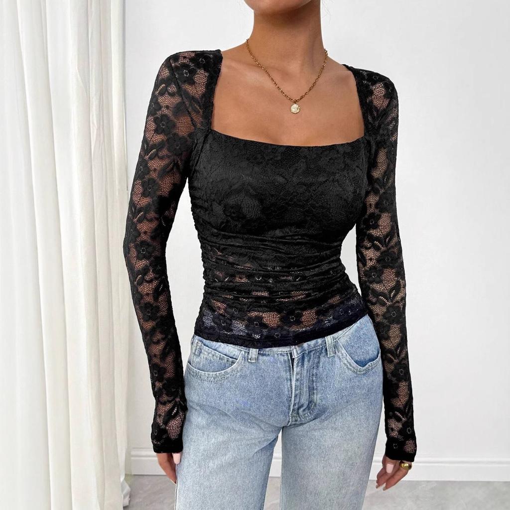 Women's Lace Floral Square Neck Ruffled Design Long-sleeved T-shirt Tops Women Versatile Closet Essential Fashion Items Shirt