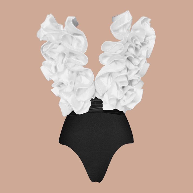 2024 Европейский и американский черно-белый купальник с глубоким V-образным вырезом и кружевом для похудения