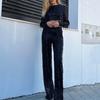 2Pcs/Set Women Party Outfit Set Cropped Tops O-neck Long Sleeve Tassel Sequin High Waist Wide Leg Long Pants Set