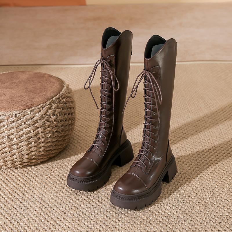 Белые сапоги женские зимние новые сапоги-рыцари на платформе толстый каблук шнуровка женские сапоги универсальная женская обувь