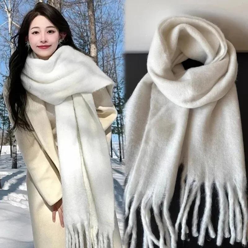 Solid Tassel Shawl Scarf Fluffy Soft Thick Scarves for Women Cashmere Warm Long Scarf Fashion Luxury Winter Scarf Couple Gifts