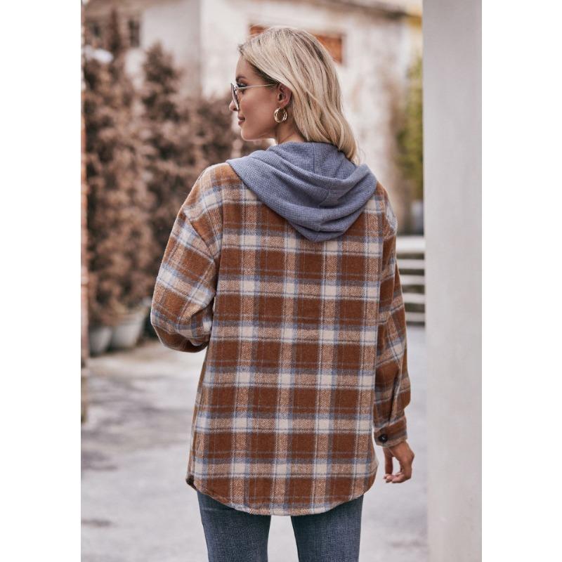 Женская мода повседневная весна-осень клетчатый принт с длинным рукавом и капюшоном блузки и рубашки