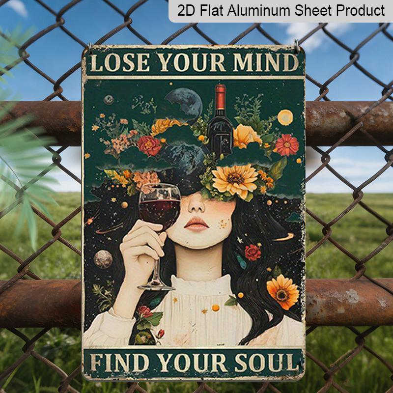 2D Flat Vintage Boho Aluminum Wall Art - "Lose Your Mind, Find Your Soul" Retro Sign with Cosmic & Floral Design, 7.87*11.8 Inch, Perfect for Home