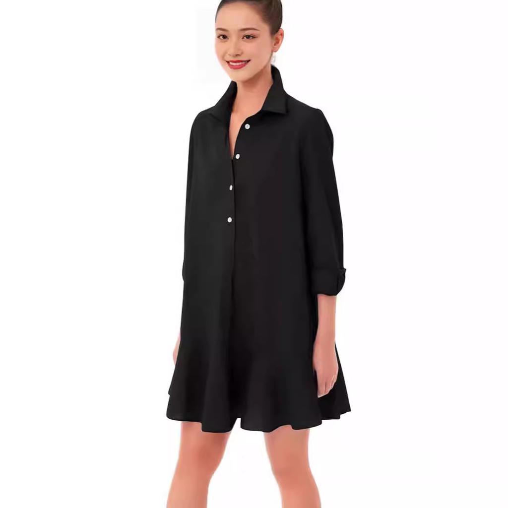 Весна и лето однотонное платье с длинными рукавами и лацканами, подол с рисунком листьев лотоса для женщин