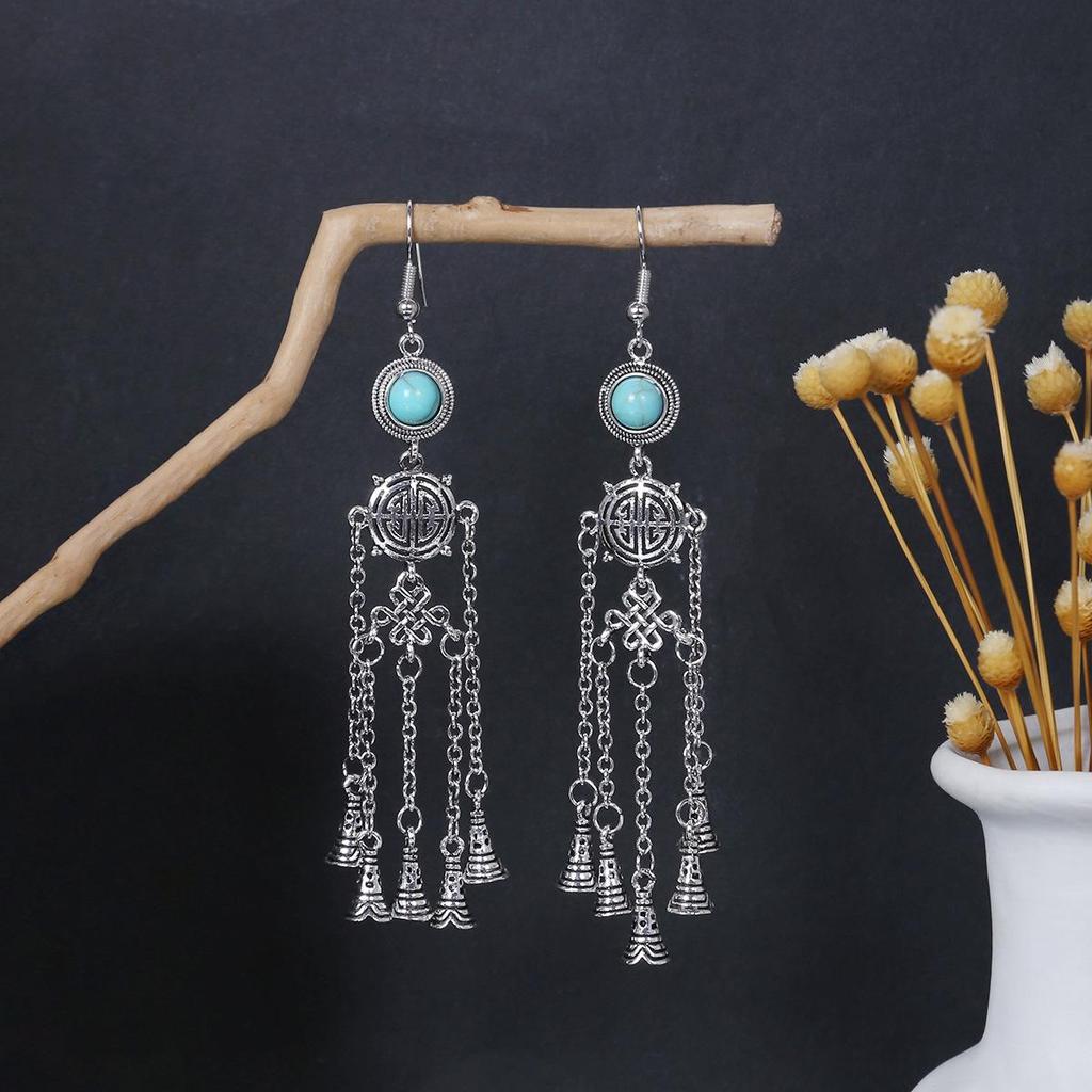 European and American Retro Hollow Turquoise Tassel Bohemian Earrings for Women