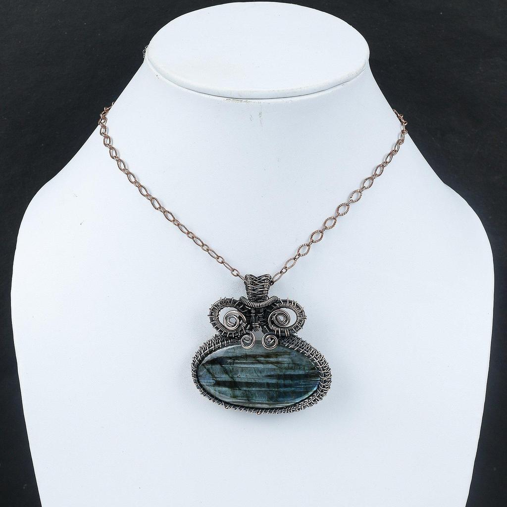 Кулон из натурального драгоценного камня лабрадорит, обернутый медной проволокой, ювелирное изделие ручной работы, медный кулон, лабрадорит, ювелирное изделие для подарка, лечебный камень