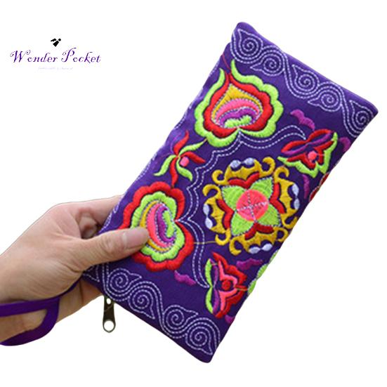 Women Ethnic Handmade Embroidered Wristlet Clutch Bag Zipper Purse Long Wallet