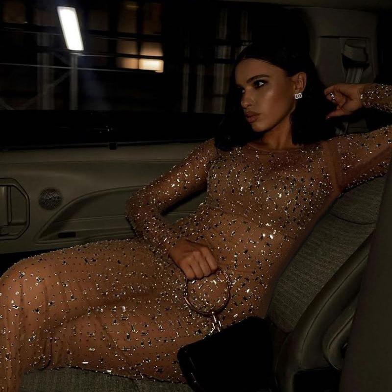 Прозрачное сетчатое платье с кристаллами для женщин, кружевное прозрачное облегающее платье макси с длинным рукавом, тонкое сексуальное пляжное платье для женщин