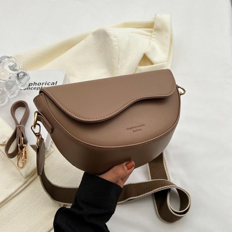 Women Vintage Solid Color Flap Small Saddle Shoulder Underarm Bag Fashion PU Leather Wide Strap Crossbody Bag