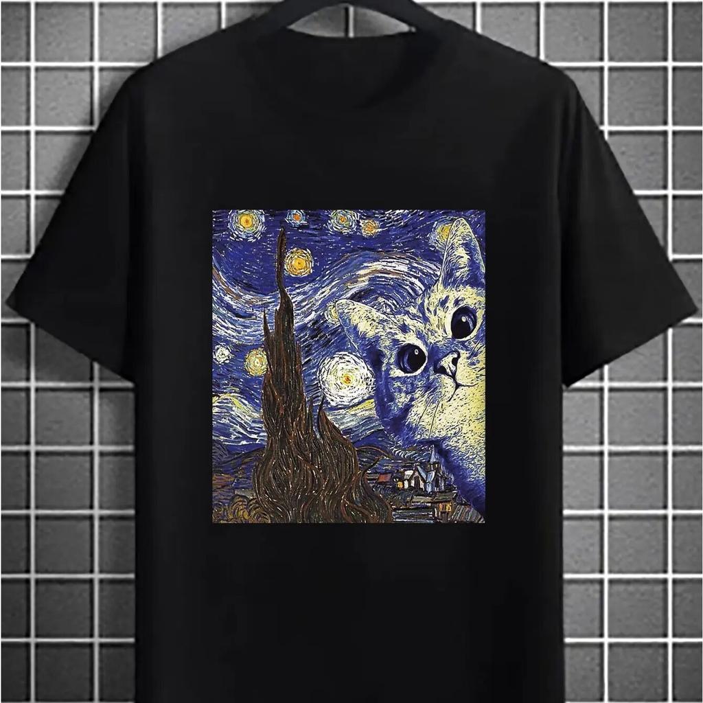 Unisex Casual Creative Cat Graphic Print Round Neck T-shirt, Summer Oversized Loose Tee Clothing Plus Size Unisex