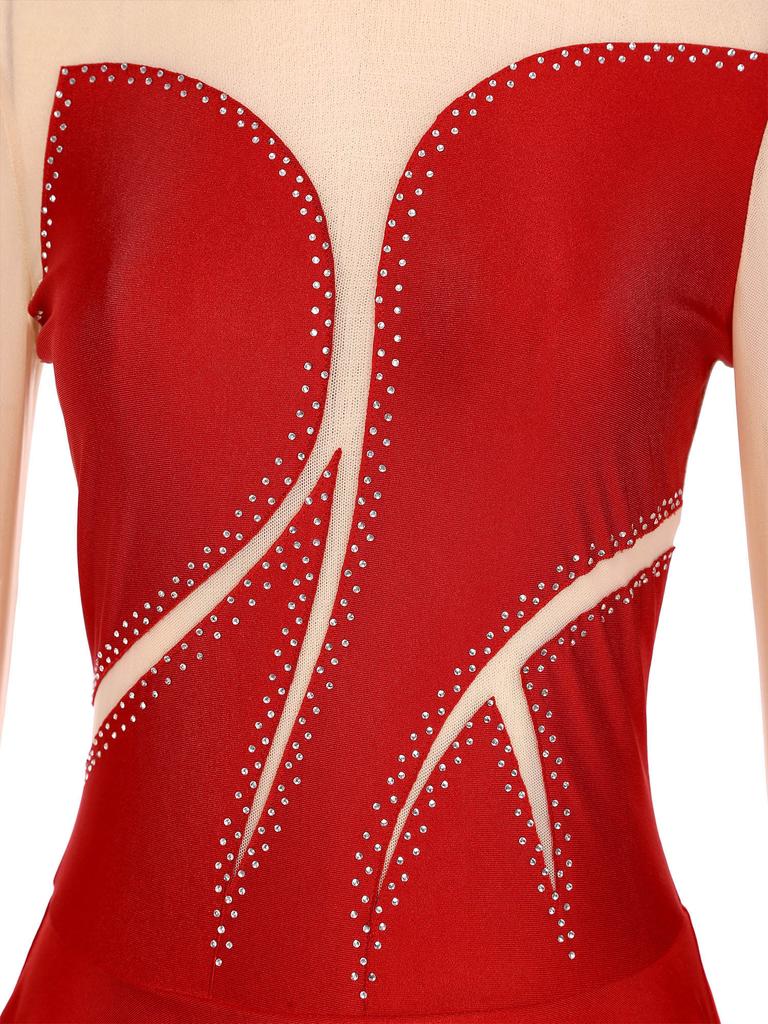 Womens Sparkly Lyrical Dance Costume Featuring Sheer Mesh Patchwork Long Sleeve Mock Neck Bodysuit with Rhinestone Details for Performances