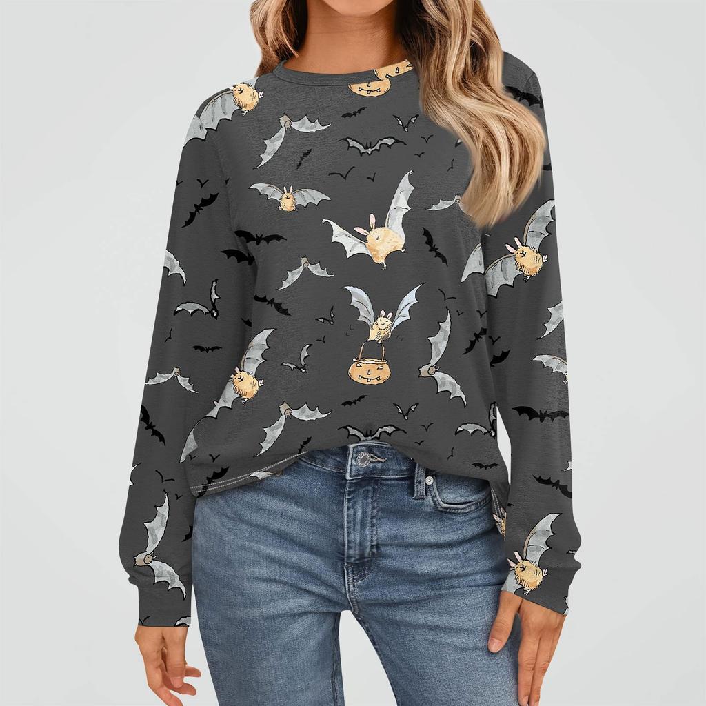 Women's Fashion Long Sleeve Shirts Loose Fitted Crewneck Basic Halloween Print Tops Casual Outfits