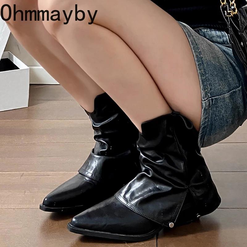 Модные женские ковбойские сапоги в стиле вестерн, модные короткие ботильоны с острым носком, элегантные женские туфли на толстом каблуке, зимняя удобная женская обувь