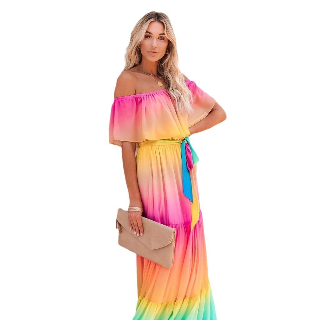 2025 New New Printed Long Dress Dress One-word Collar Dress