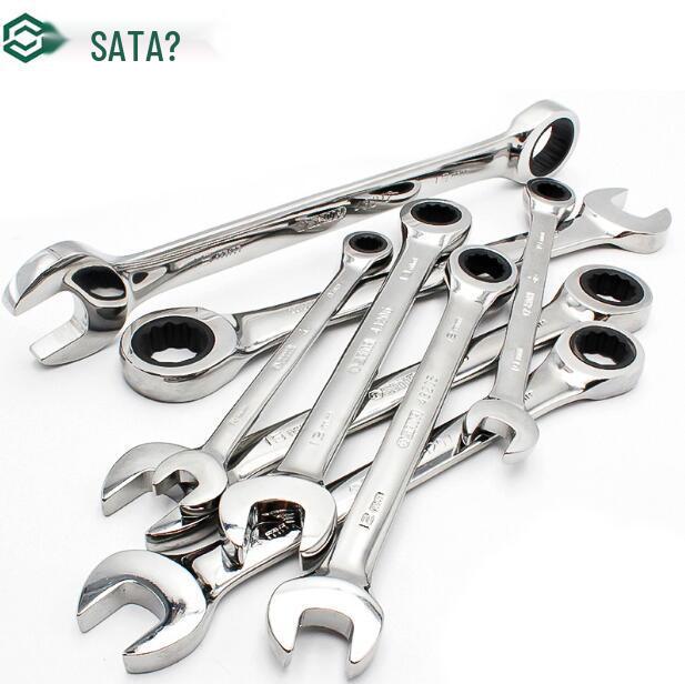 Полированная рожковая трещоточная отвертка SATA, Двухцелевая торцевая трещоточная отвертка для ремонта автомобилей, Быстрая трещотка, Размеры 43201-43219.