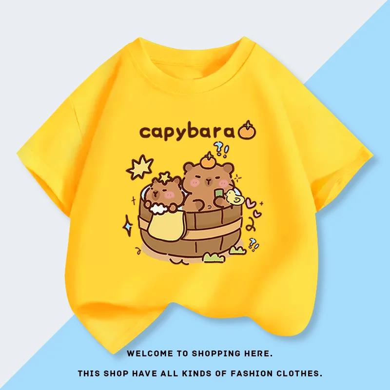 Kapibala Capybaras New Summer Childrens Shortsleeved Tshirt Pure Cotton Roundneck Loose and Versatile Top