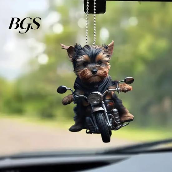 Cute Animal Pendant Design Acrylic Car Puppy Riding A Motorcycle Hanging with Whimsical Charm Lanyard Lightweight Rearview Mirror Ornament Interior