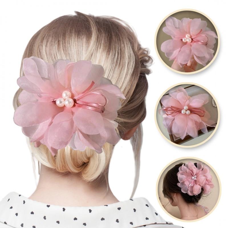 Large Tulle Bow With Pearls Clip Buckle Hair Ornament Pink