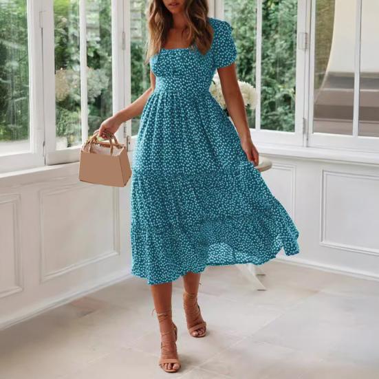 Женское летнее платье с цветочным принтом, с короткими рукавами, квадратным вырезом, оборками, многоярусное, расклешенное, А-силуэта, повседневное, летящее, в стиле бохо, пляжный сарафан