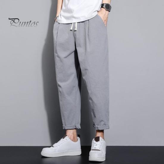 Мужские девятые брюки с тонкими боковыми карманами на шнурке и эластичной резинкой на талии в японском стиле с широкими штанинами, сплошной цвет в стиле ретро, ​​спортивные штаны для тренировок в тренажерном зале, длинные брюки