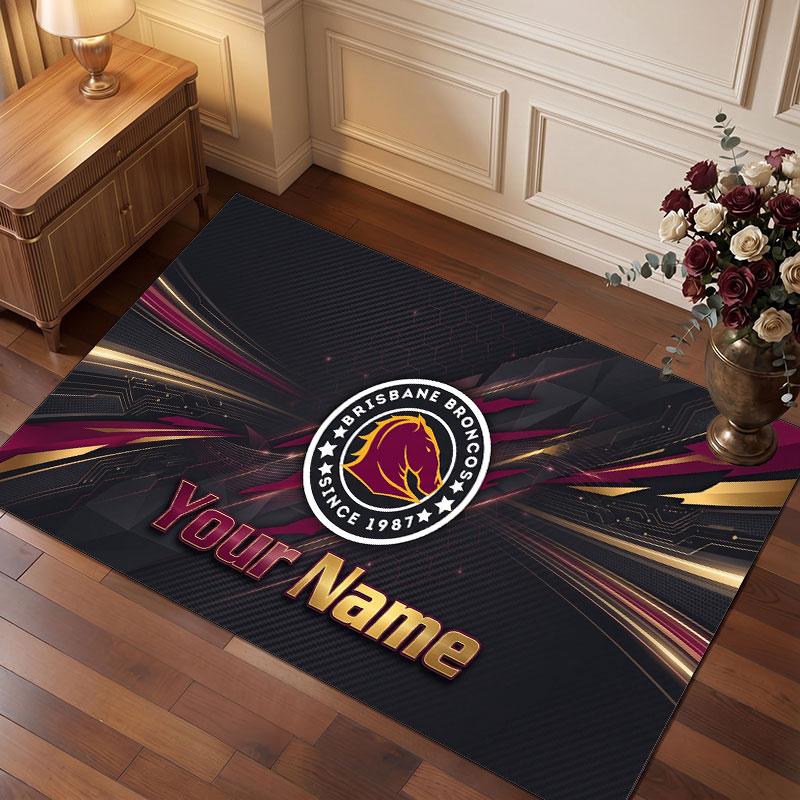 Brisbane Broncos Personalized Crystal Velvet Carpet, Customized Name Text Soft Anti‑Slip Rug for Living Room Bedroom