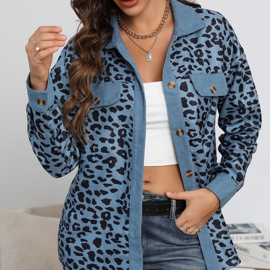 GMXIA Женские винтажные повседневные свободные куртки и пальто с леопардовым принтом на пуговицах, осень-зима с длинными рукавами и воротником-поло